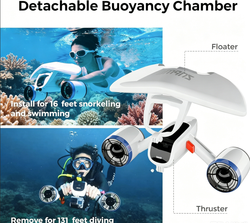 Underwater Scooter (with action camera mount) — dual-motor drive, 30-minute runtime, 40 lbs of thrust.