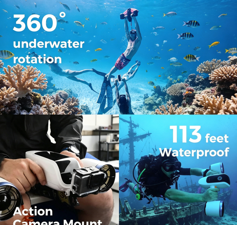 Underwater Scooter (with action camera mount) — dual-motor drive, 30-minute runtime, 40 lbs of thrust.
