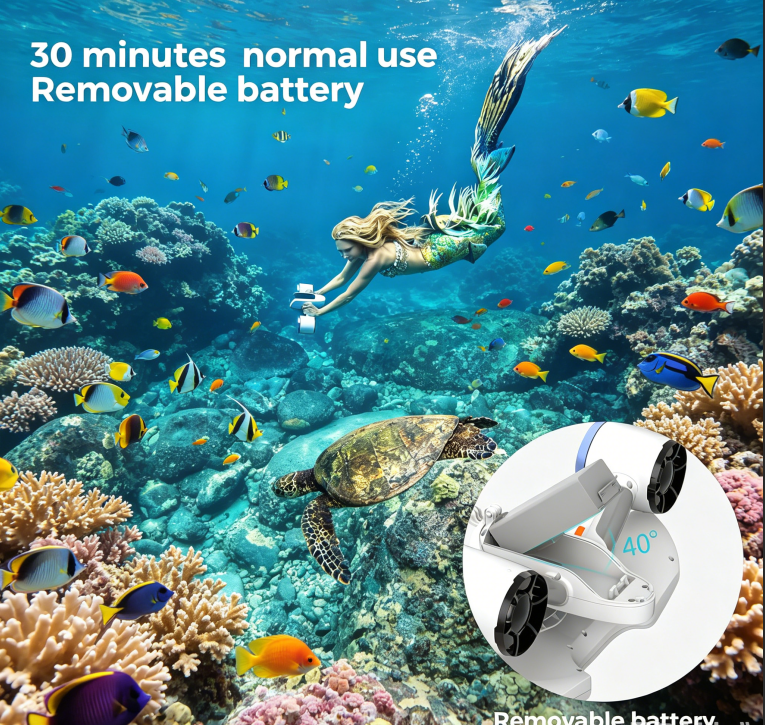 Underwater Scooter (with action camera mount) — dual-motor drive, 30-minute runtime, 40 lbs of thrust.