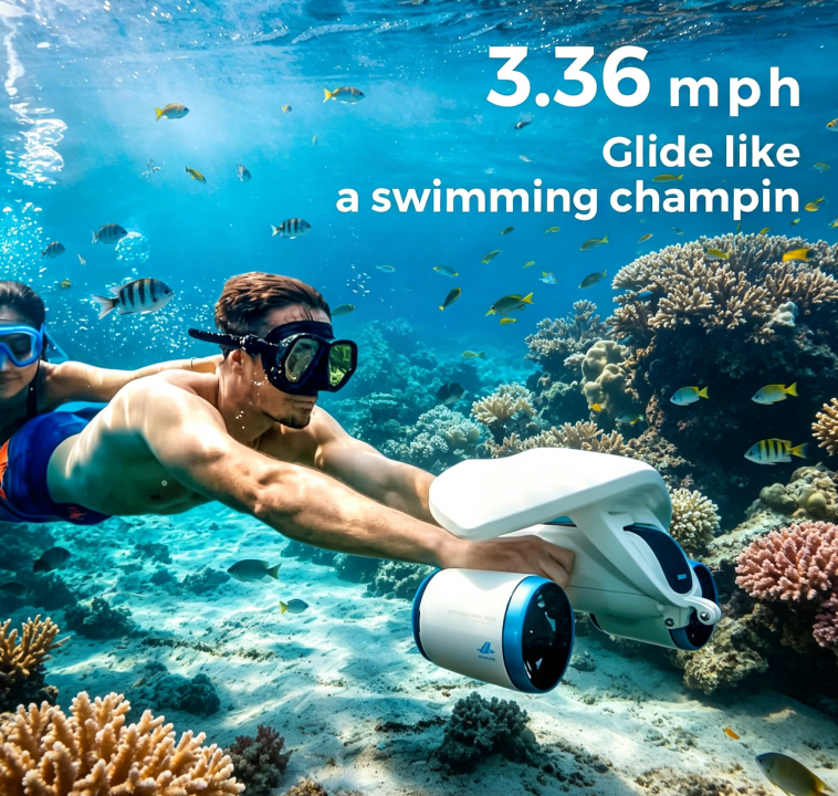 Underwater Scooter (with action camera mount) — dual-motor drive, 30-minute runtime, 40 lbs of thrust.